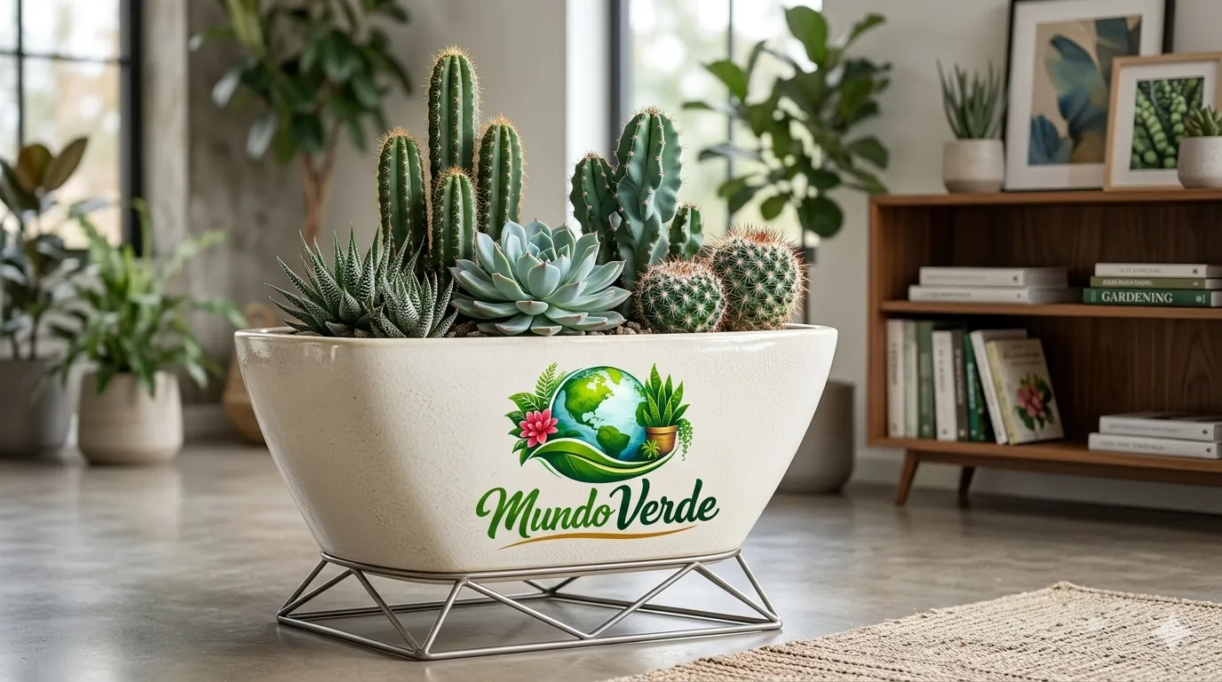 Una fotografía de alta calidad en formato horizontal que muestra un arreglo variado de cactus y suculentas en una maceta moderna de cerámica color crema con base metálica minimalista. En el centro de la maceta se aprecia el logotipo de 'Mundo Verde', con un diseño de un planeta Tierra rodeado de follaje. El arreglo incluye cactus columnares, globulares y una echeveria central. El fondo, con un desenfoque artístico, revela un salón luminoso con muebles de madera, estanterías con libros de jardinería y otras plantas de interior, creando un ambiente acogedor y profesional.