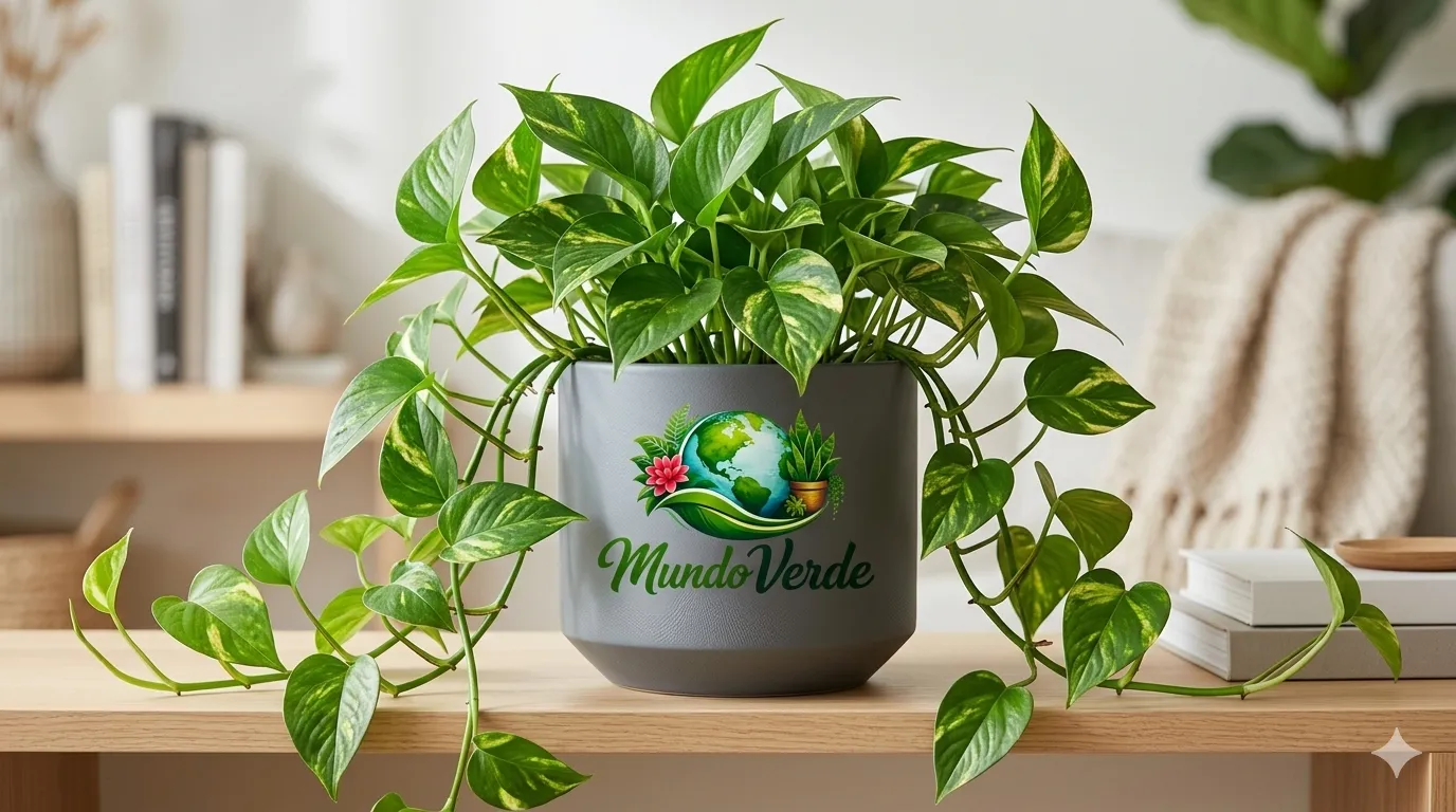 Una fotografía de alta calidad en formato horizontal que muestra una planta Potus (Pothos) frondosa y vibrante, con hojas verdes veteadas de amarillo que caen con elegancia sobre una mesa de madera clara. La planta está en una maceta moderna de cerámica gris mate, la cual luce un logotipo central con un globo terráqueo rodeado de vegetación y el nombre 'Mundo Verde' en una tipografía cursiva elegante. El fondo, suavemente desenfocado, sugiere un interior acogedor y luminoso con estanterías y libros.