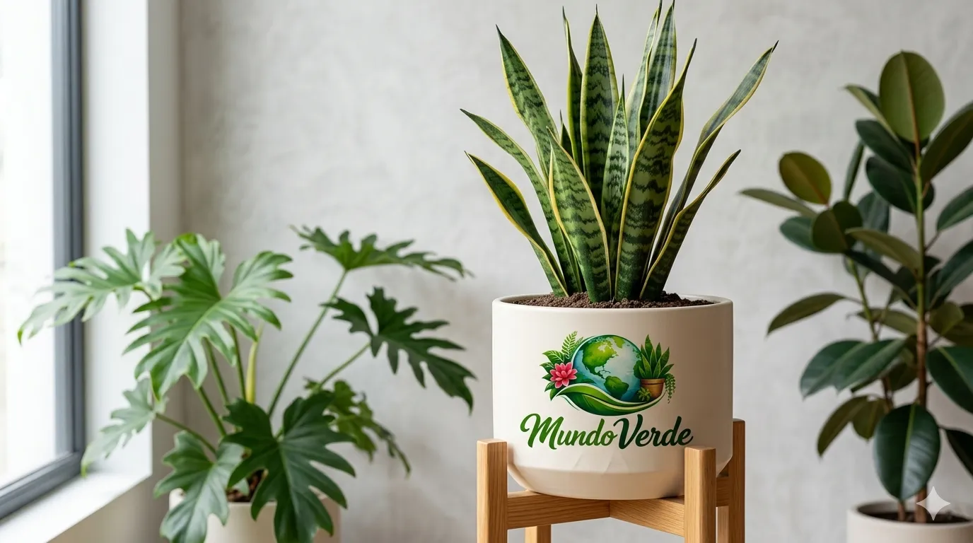 Sansevieria Trifasciata en maceta decorativa de Mundo Verde, planta purificadora de aire con hojas verdes y bordes amarillos para decoración de interiores.