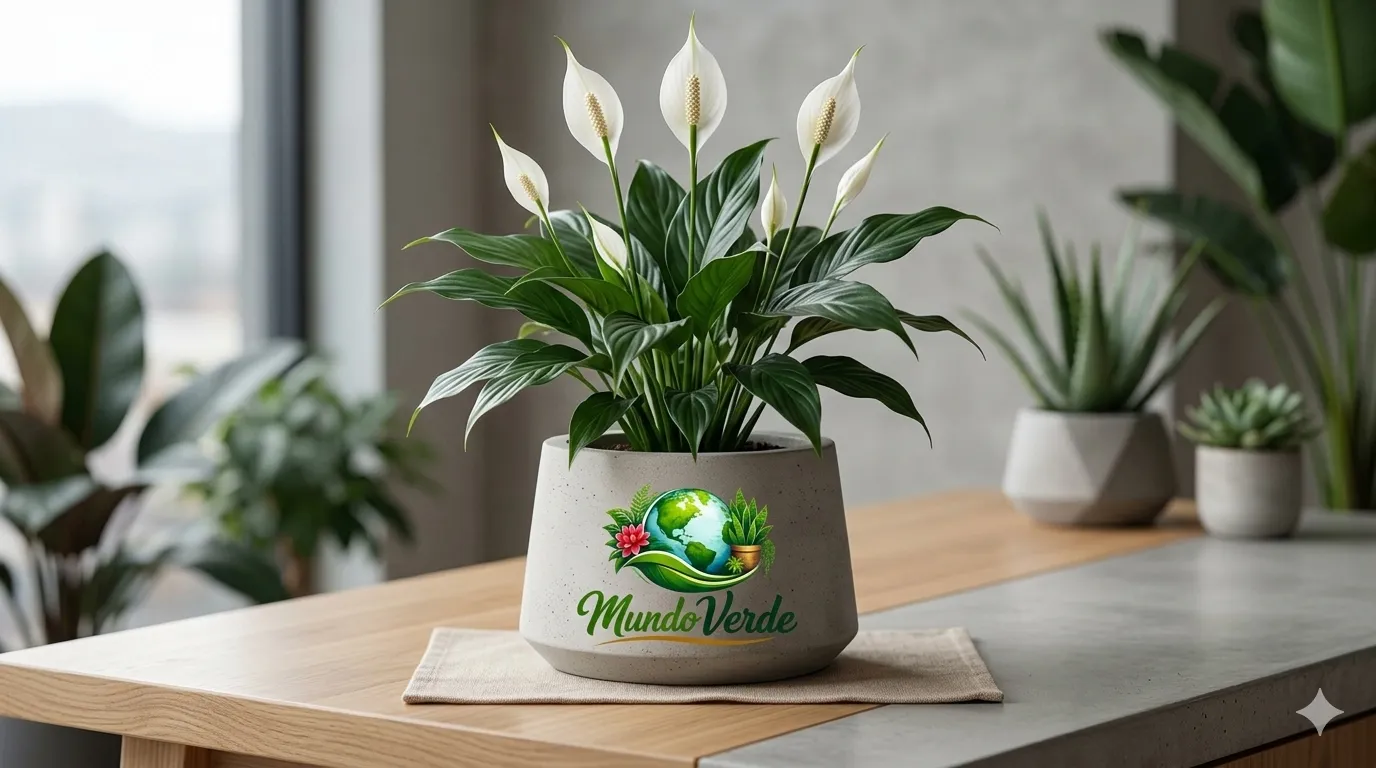 Una fotografía de alta calidad en formato horizontal que muestra una planta Spathiphyllum (Lirio de la Paz) con elegantes flores blancas en plena floración. La planta está situada sobre una mesa de madera clara, dentro de una maceta moderna de cemento gris que exhibe el logotipo de 'Mundo Verde'. El fondo es un interior luminoso y minimalista con otras plantas desenfocadas, transmitiendo una sensación de serenidad y naturaleza en el hogar.