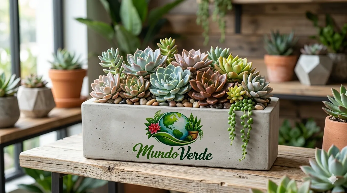 Una fotografía de alta calidad en formato horizontal que muestra un arreglo de diversas suculentas en tonos verdes, azulados y rojizos, dispuestas sobre una cama de piedras pequeñas. Las plantas están en una maceta rectangular de cemento gris de estilo minimalista, situada sobre una mesa de madera rústica. En el frente de la maceta destaca el logotipo de 'Mundo Verde', que incluye un mundo rodeado de vegetación. El fondo muestra un interior luminoso de una tienda de plantas con estanterías de madera y más macetas desenfocadas.