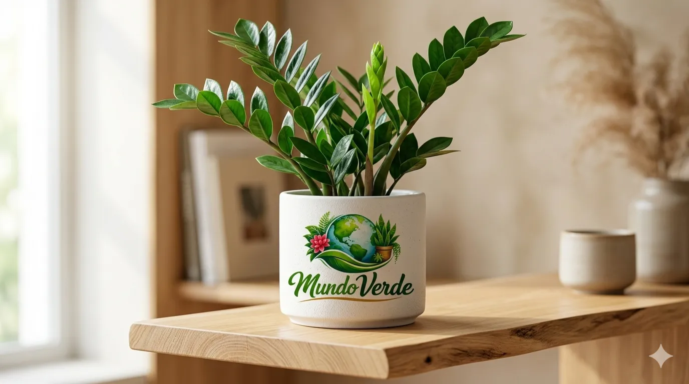 Una fotografía de alta calidad en formato horizontal que presenta una planta Zamioculca frondosa y de color verde intenso, situada en el centro de una mesa de madera rústica. La planta crece desde una maceta cilíndrica de cemento gris moderno, la cual exhibe el logotipo de 'Mundo Verde' con una ilustración detallada de un planeta Tierra rodeado de vegetación. El fondo, suavemente desenfocado, muestra un interior cálido con paredes de piedra y estanterías de madera, creando una atmósfera natural y acogedora.