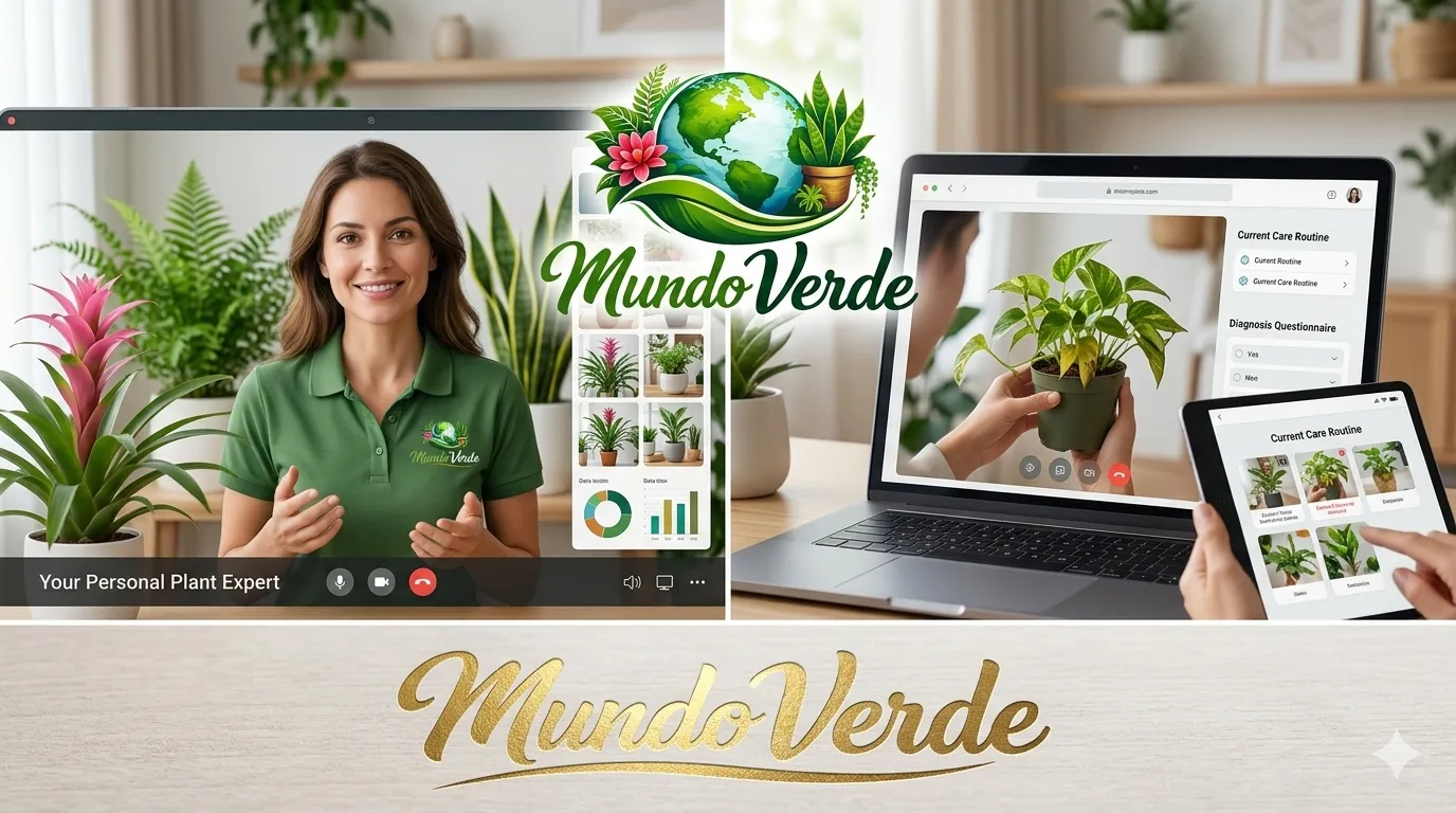 Interfaz de videollamada y dispositivos digitales que muestran el servicio de consulta y diagnóstico online de Mundo Verde, donde una experta asesora a un cliente sobre el cuidado y salud de sus plantas ornamentales mediante herramientas de análisis virtual.