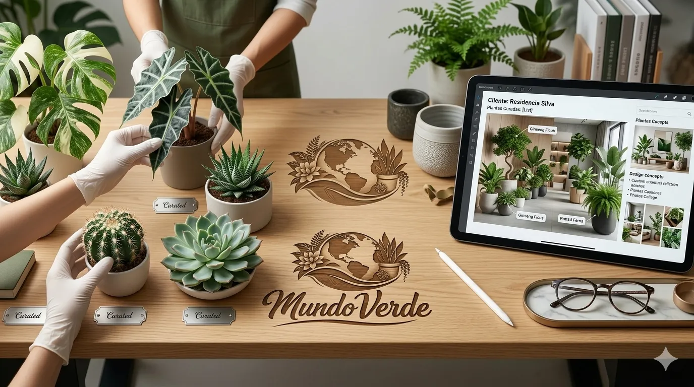 Vista cenital de una mesa de trabajo de Mundo Verde donde se muestra el proceso de curaduría exclusiva mediante la selección manual de plantas premium, junto a una tablet que exhibe el diseño y visualización digital de un proyecto botánico personalizado para el cliente.