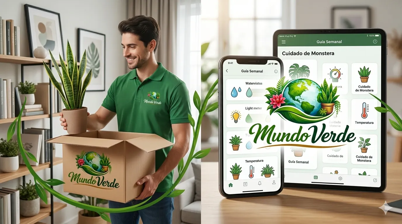 Composición de servicios de Mundo Verde: a la izquierda, un técnico realiza la entrega y montaje experto de una planta ornamental; a la derecha, dispositivos digitales muestran el soporte y guía de cuidado personalizado con recordatorios de riego, luz y temperatura para el cliente.