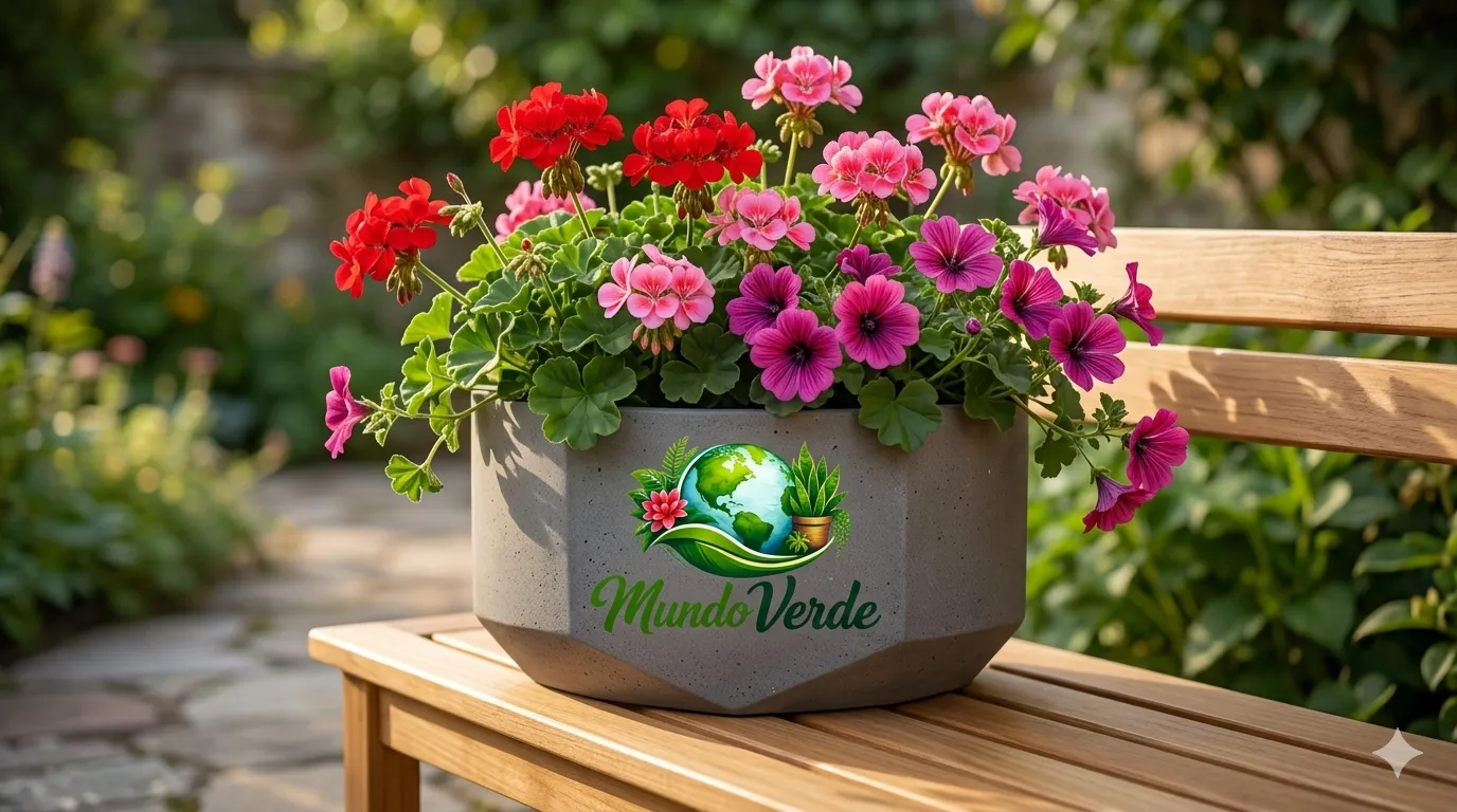 Una variada composición de "Geranio y Malvón" con flores en tonos rojos, rosados y púrpuras, plantados en una maceta moderna de cemento con diseño geométrico. La maceta muestra claramente el logotipo "Mundo Verde" y está situada sobre un banco de madera en un jardín luminoso. La imagen resalta el contraste entre la naturaleza vibrante y el diseño contemporáneo.