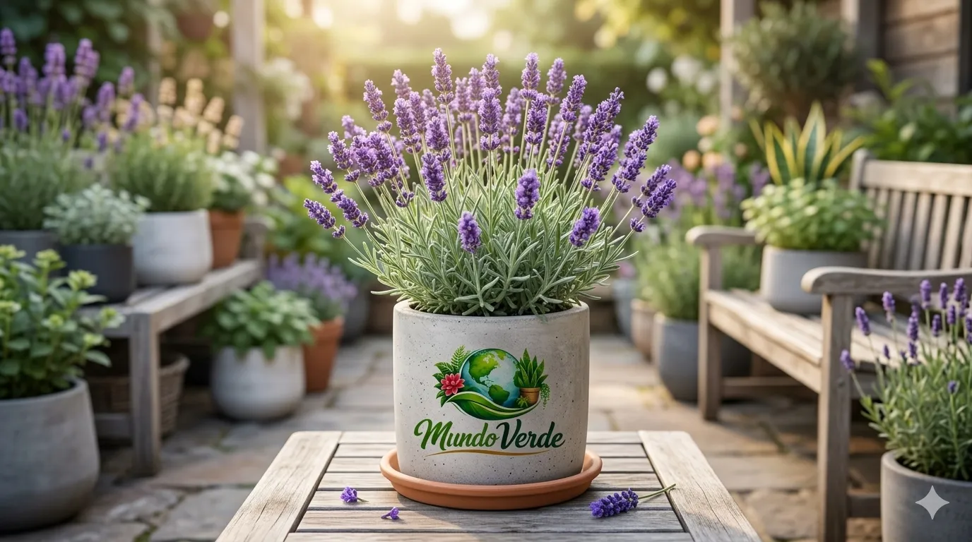 Una planta de lavanda en plena floración con vibrantes flores púrpuras, situada en una maceta cilíndrica de estilo moderno de color gris cemento. La maceta muestra el logotipo "Mundo Verde" y descansa sobre una mesa de madera rústica en un jardín exterior luminoso y desenfocado. La escena evoca frescura y naturaleza en un entorno de jardinería profesional.