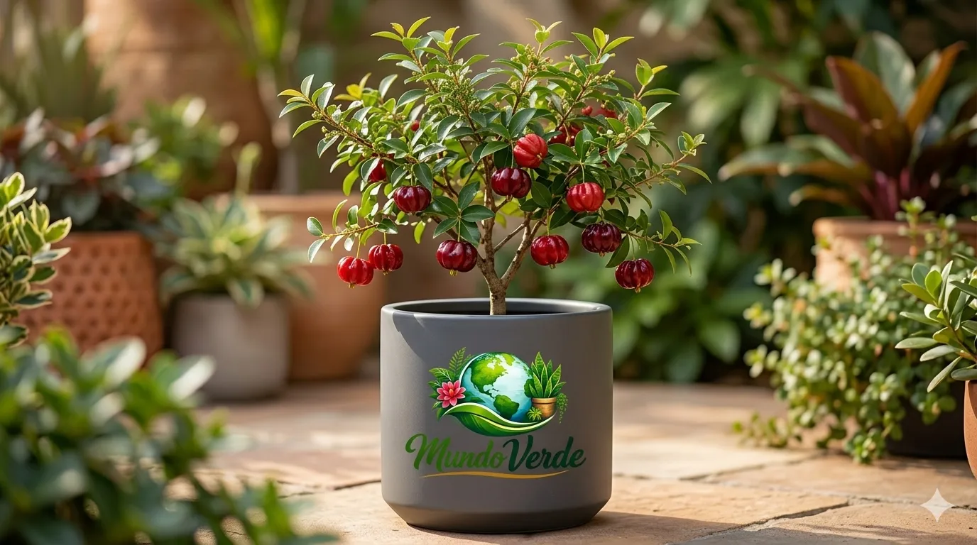 Un arbusto de Pitanga con pequeños frutos rojos y brillantes en forma de calabaza, cultivado en una maceta cilíndrica moderna de color gris oscuro. La maceta muestra el logotipo "Mundo Verde" y se encuentra en un patio exterior soleado, rodeado de otras plantas ornamentales en un fondo cálido y desenfocado.