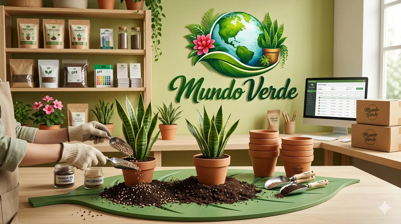 Proceso de Preparación y Nutrición de plantas ornamentales en Mundo Verde: una persona aplica sustratos especializados y nutrientes orgánicos a sansevierias en un taller profesional con herramientas de jardinería, cajas de envío y el logotipo de la tienda al fondo.